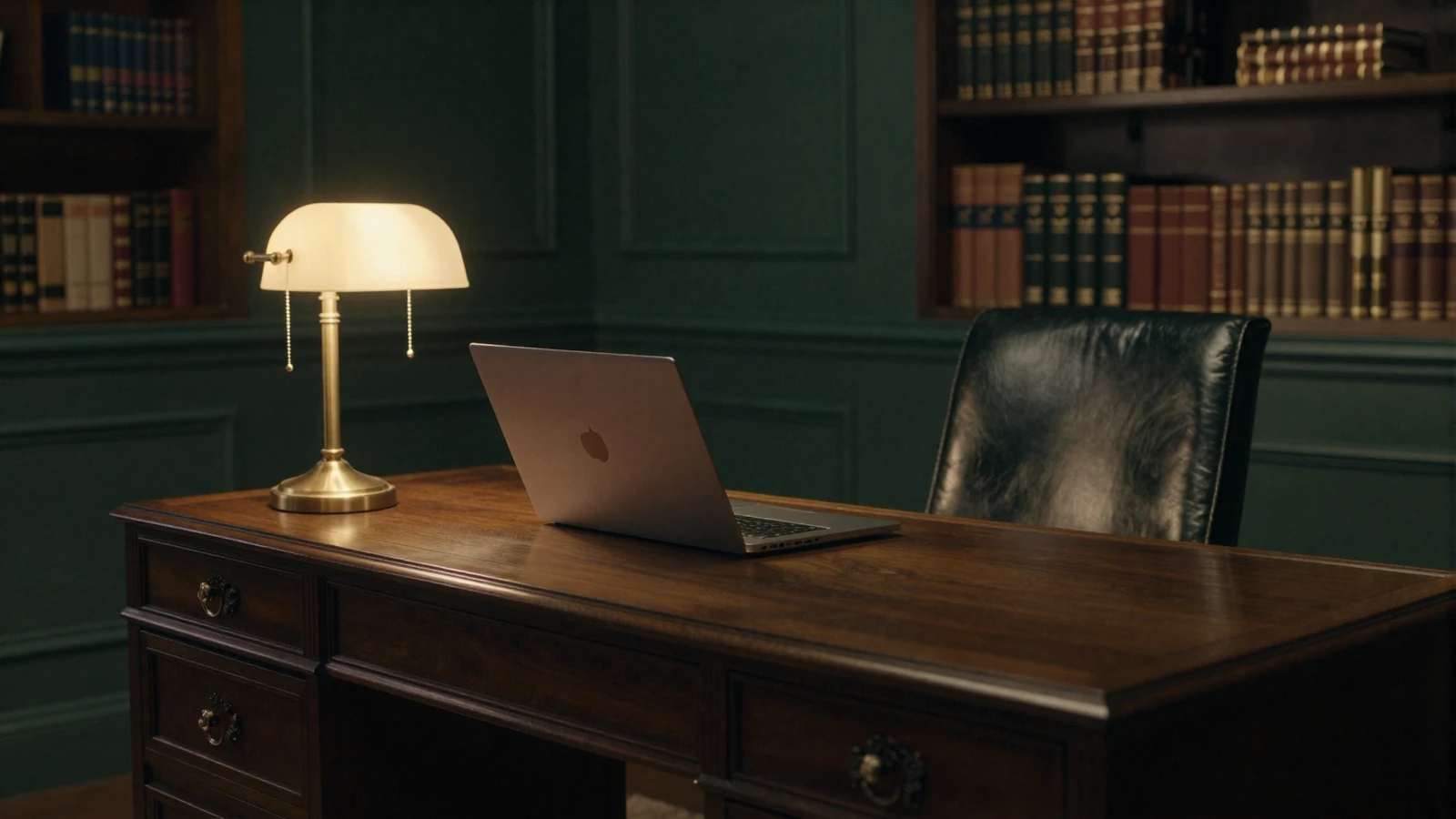 Elegant writing desk with a laptop and warm lamp light in a dim green study, setting the calm mood of how MagnoliaDate works