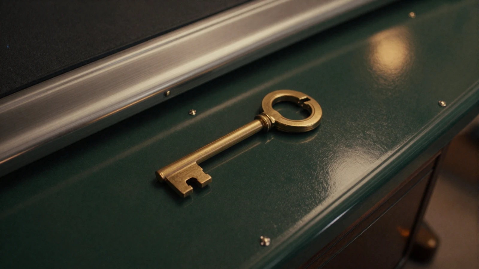Brushed metal and deep green surfaces with a gold key motif, symbolizing trust and security on a safe Asian dating site