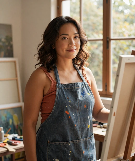 Mai, a 39-year-old painter from Da Nang, at her easel in a sunlit studio on Magnoliadate