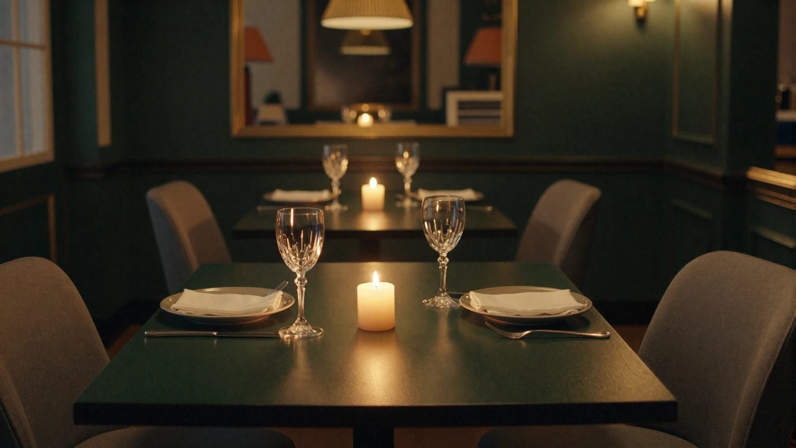 Candlelit table set for two in an elegant dark green restaurant, evoking the warm meaningful dating connections shared in MagnoliaDate reviews