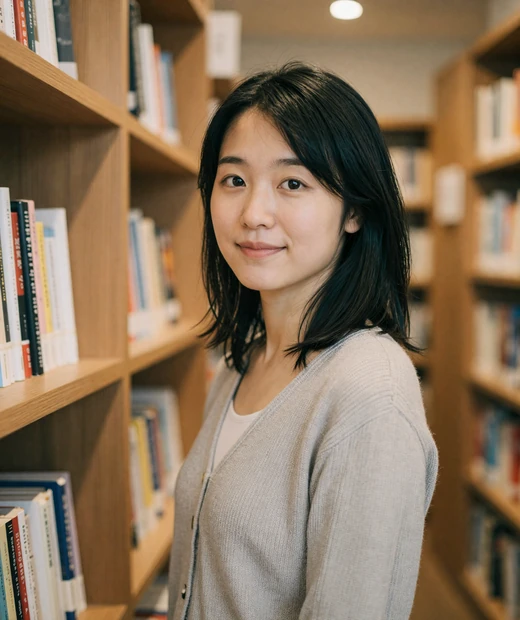 Yuki, a 34-year-old bookstore owner from Osaka, among warm wooden shelves on Magnoliadate