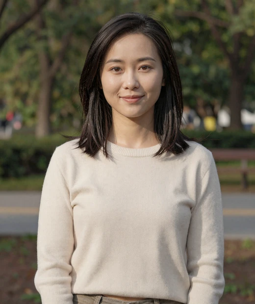 Lian, a woman in her early thirties in casual style smiling in a leafy park, illustrating browsing MagnoliaDate profiles