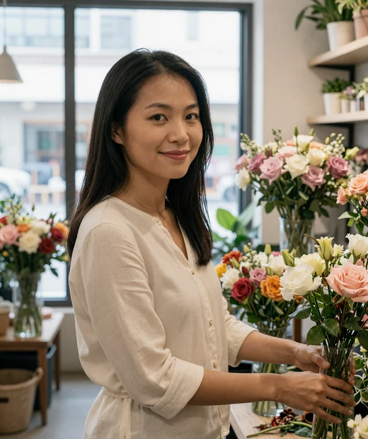 Lan, a 37-year-old florist from Hanoi, arranging fresh blooms in her bright flower shop on Magnoliadate