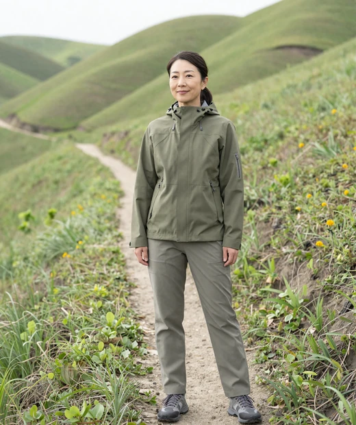 Hana, a 45-year-old hiker from Fukuoka, standing on a green hillside trail on Magnoliadate