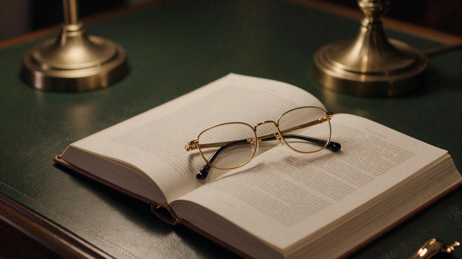 Open leather-bound book and gold-rimmed reading glasses on a dark green desk, evoking clear answers in the Magnoliadate FAQ