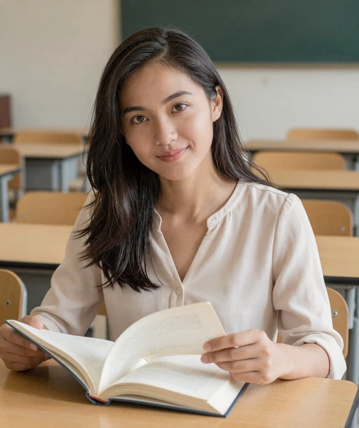 Mei, a 28-year-old teacher from Manila, reading in a sunlit classroom on Magnoliadate