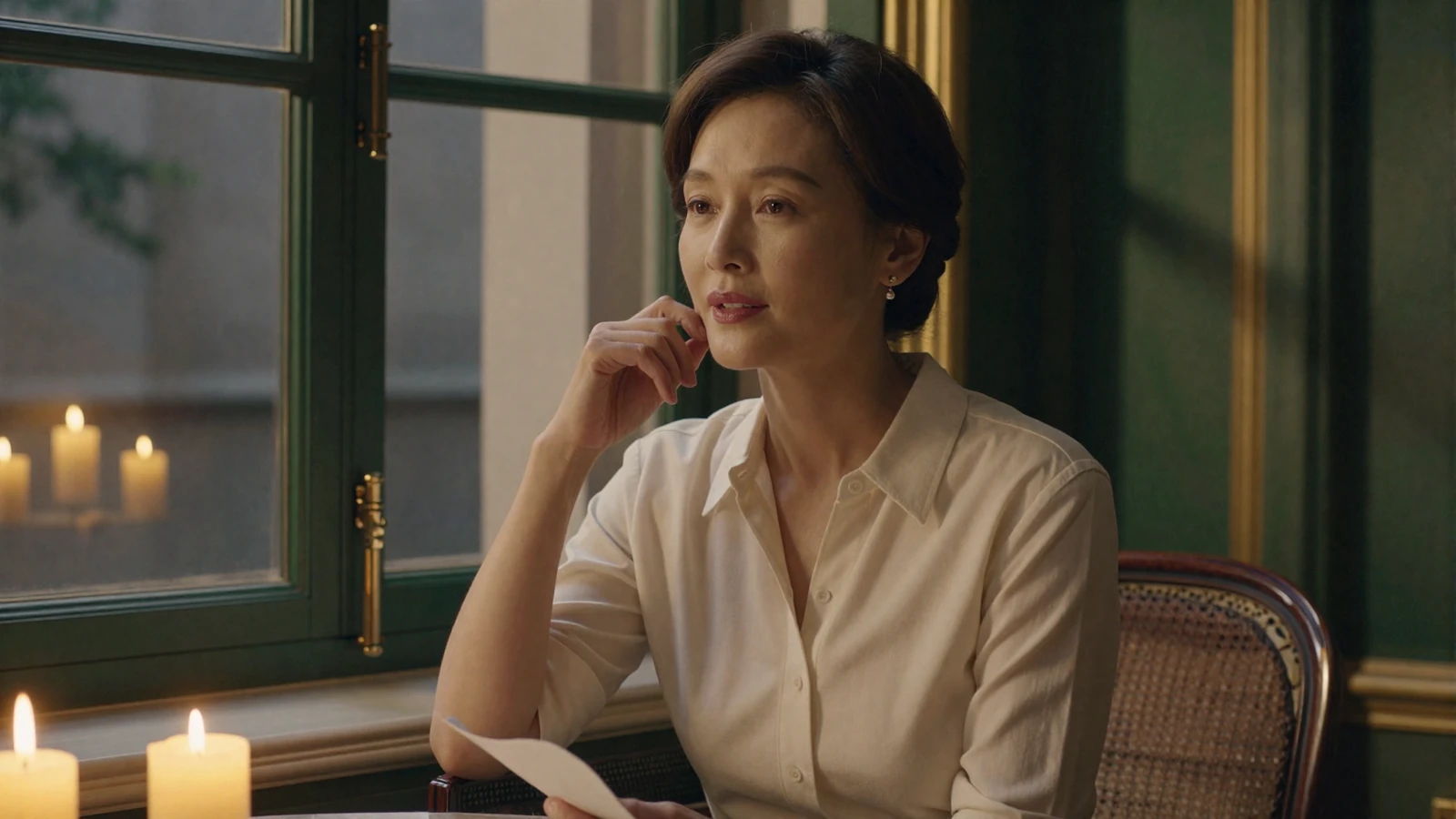 Elegant woman seated by a candlelit window at dusk, evoking the calm, sincere mood of Magnoliadate meaningful international dating