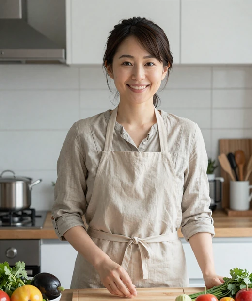 Sora, a 41-year-old home cook from Kyoto, in a bright kitchen with fresh produce on Magnoliadate